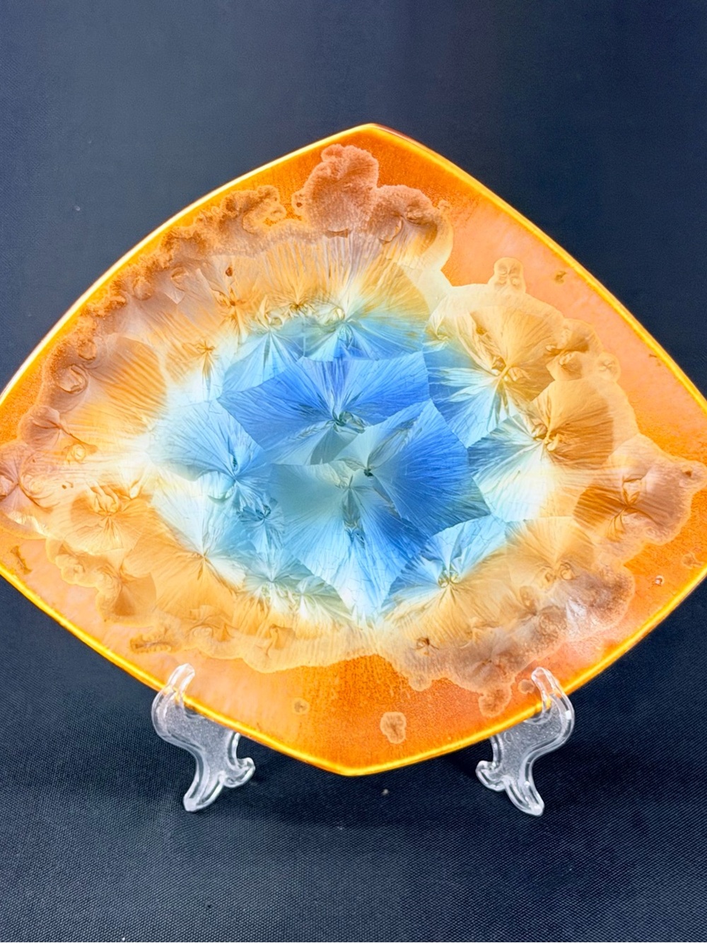 Signed Crystalline Ceramic Art Plate in Orange and Blue